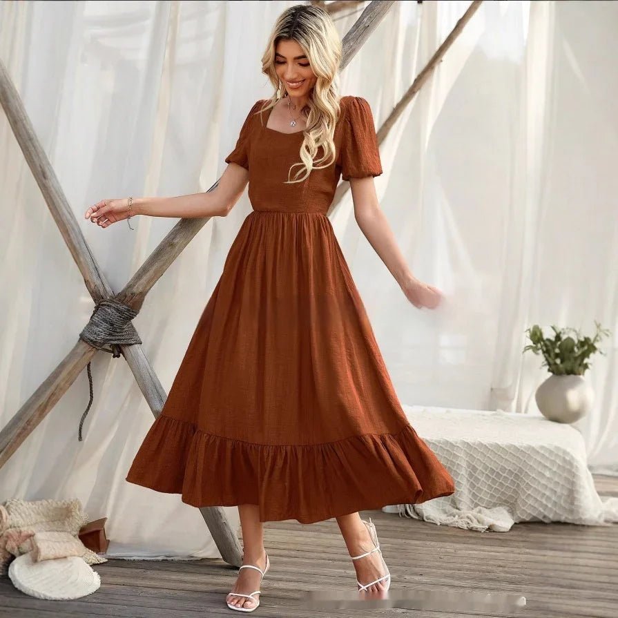 Women's High-Waist Maxi Dress – Solid Color Round-Neck Long Dress - HOTRAVEL™