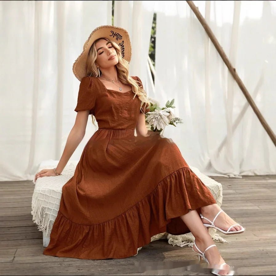 Women's High-Waist Maxi Dress – Solid Color Round-Neck Long Dress - HOTRAVEL™