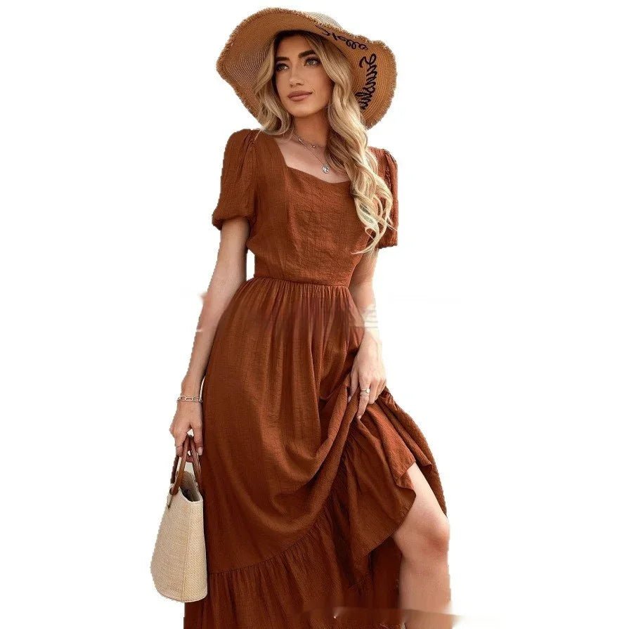 Women's High-Waist Maxi Dress – Solid Color Round-Neck Long Dress - HOTRAVEL™