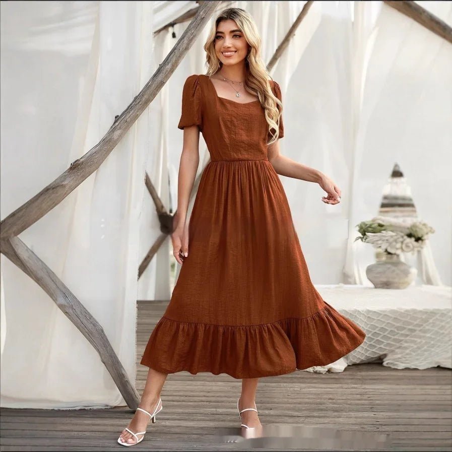 Women's High-Waist Maxi Dress – Solid Color Round-Neck Long Dress - HOTRAVEL™
