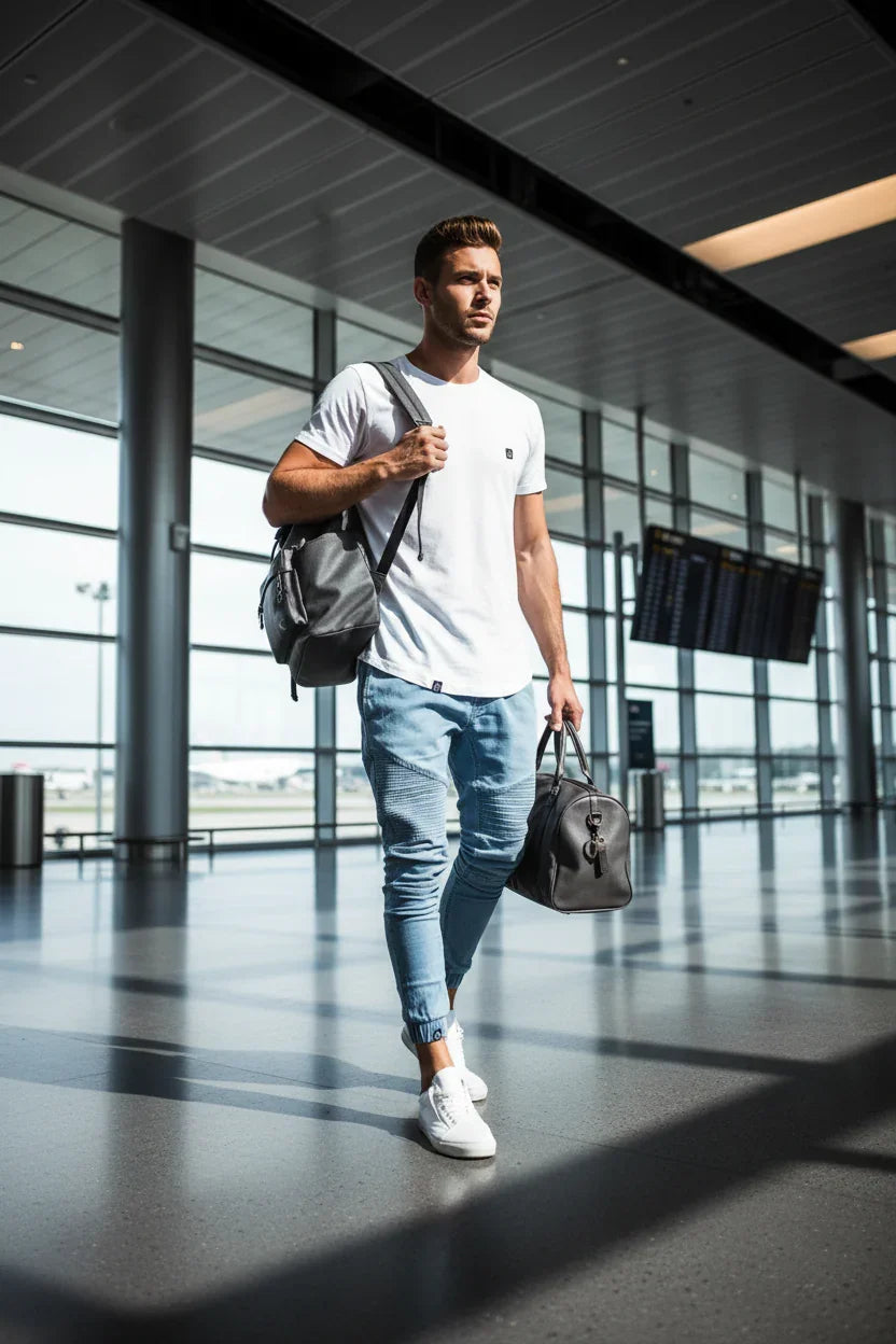 Light Blue Biker Joggers - Travel Scene