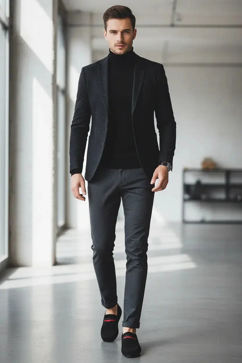 Model wearing black loafers