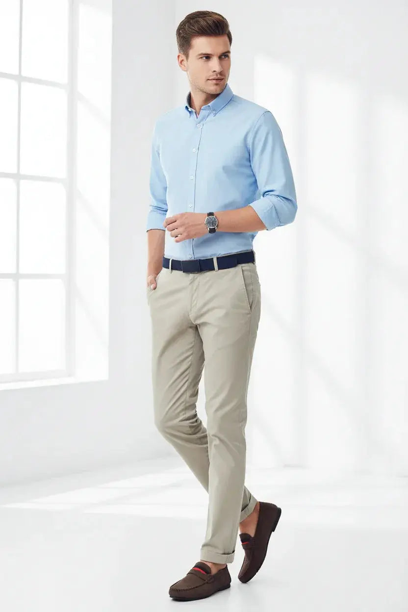 Model wearing brown loafers