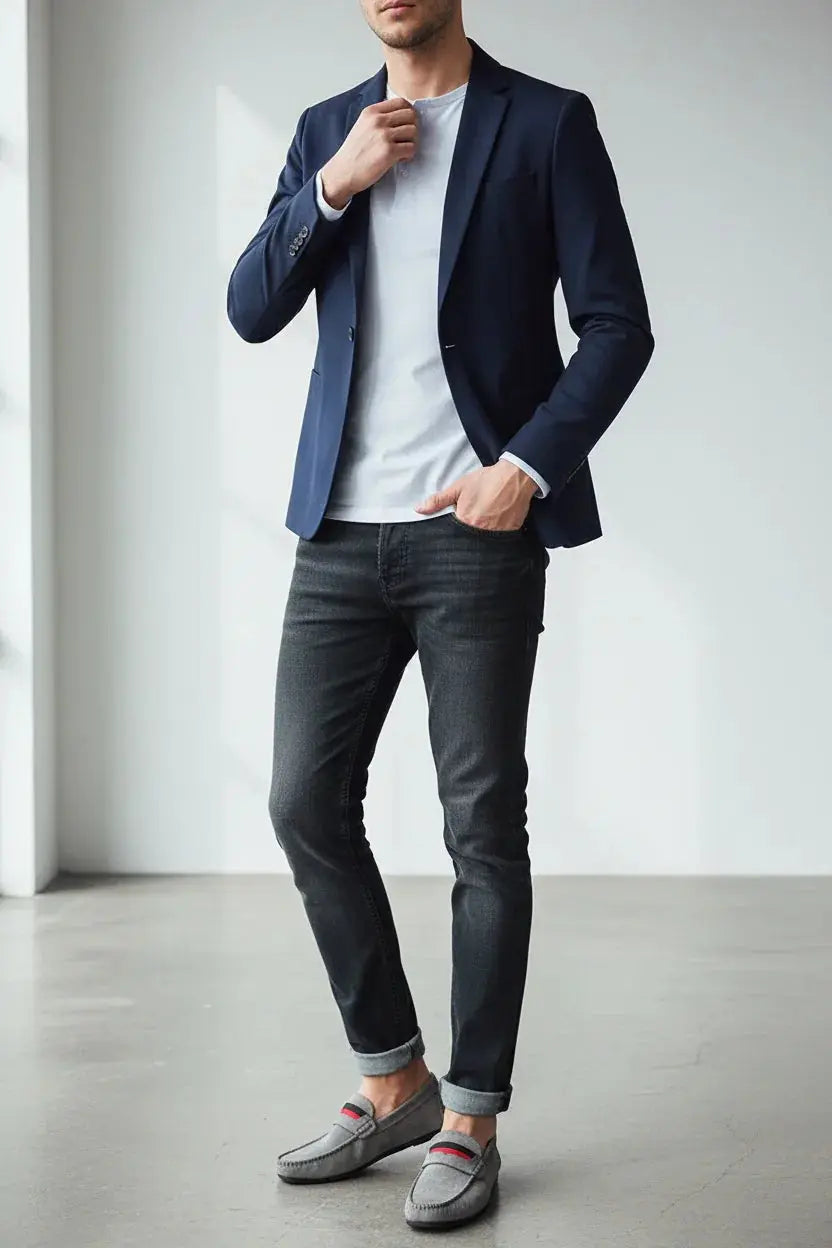 Model wearing grey loafers