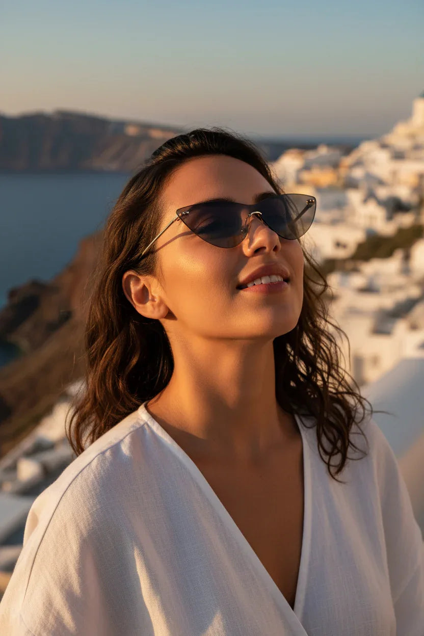 Model with sunglasses pushed up